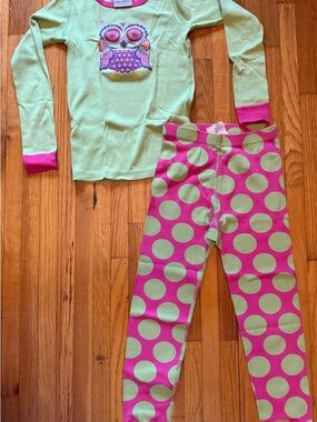 Hanna Andersson Green Owl Top & Pink Polka Dot Pajama Set